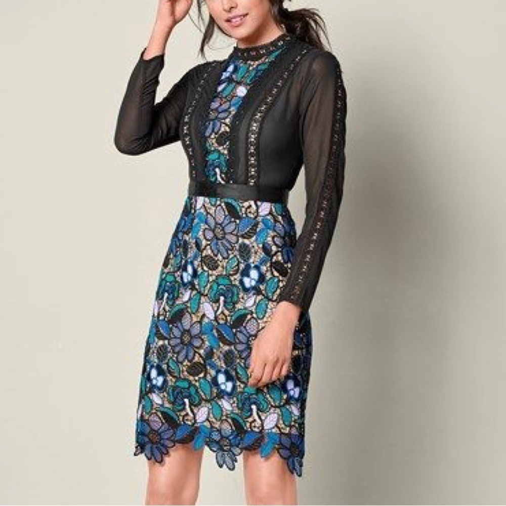 Venus Women's Multicolor Floral Crochet Lace Sheer Round Neck Mini Dress Size 4